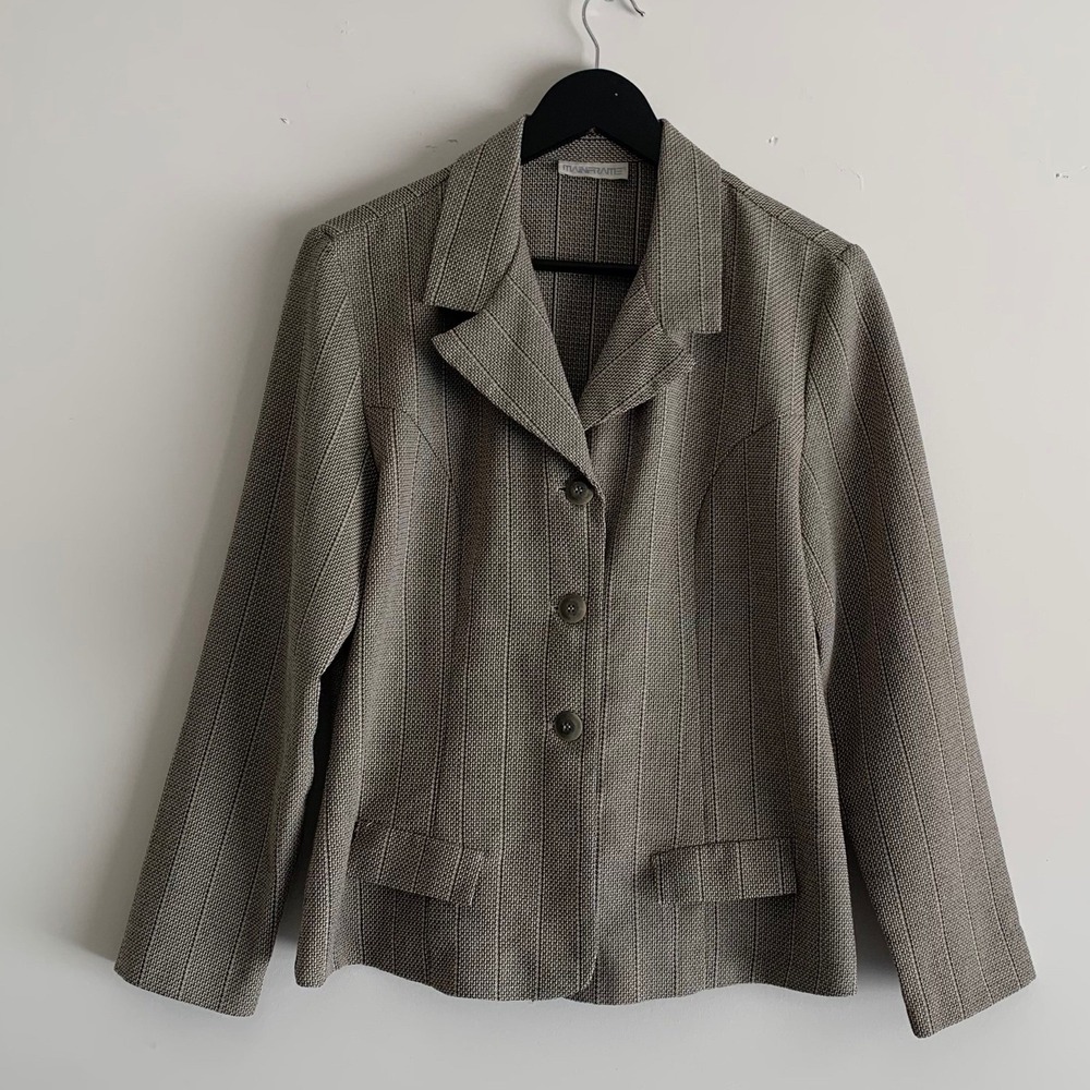VTG Mainframe Blazer Women L Grey Textured Pinstripe 3-Button Jacket Career Goth